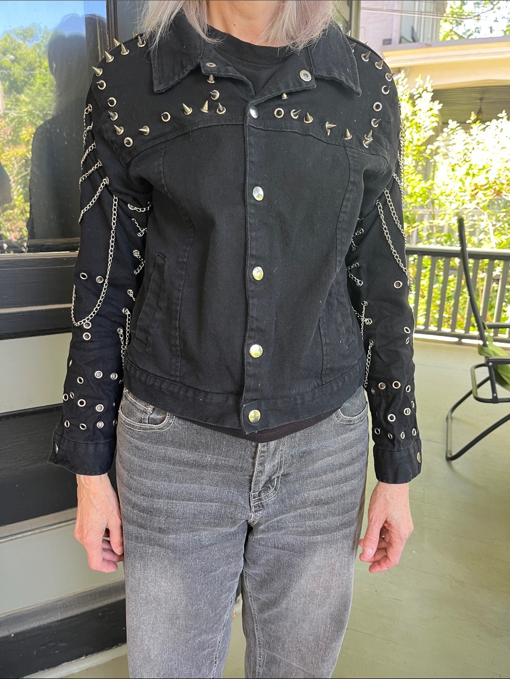 Black Denim Jacket with Studs, Grommets, and Chains size xs